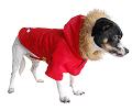 Red detective dog coat w/acrylic fur hood