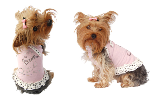 Pink dog sundress w/white polka dots trim