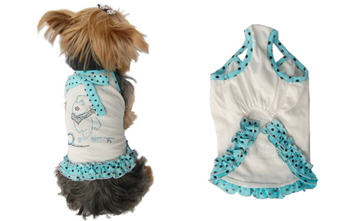 White dog sundress w/blue polka dots trim