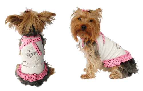 White dog sundress w/pink polka dote trim