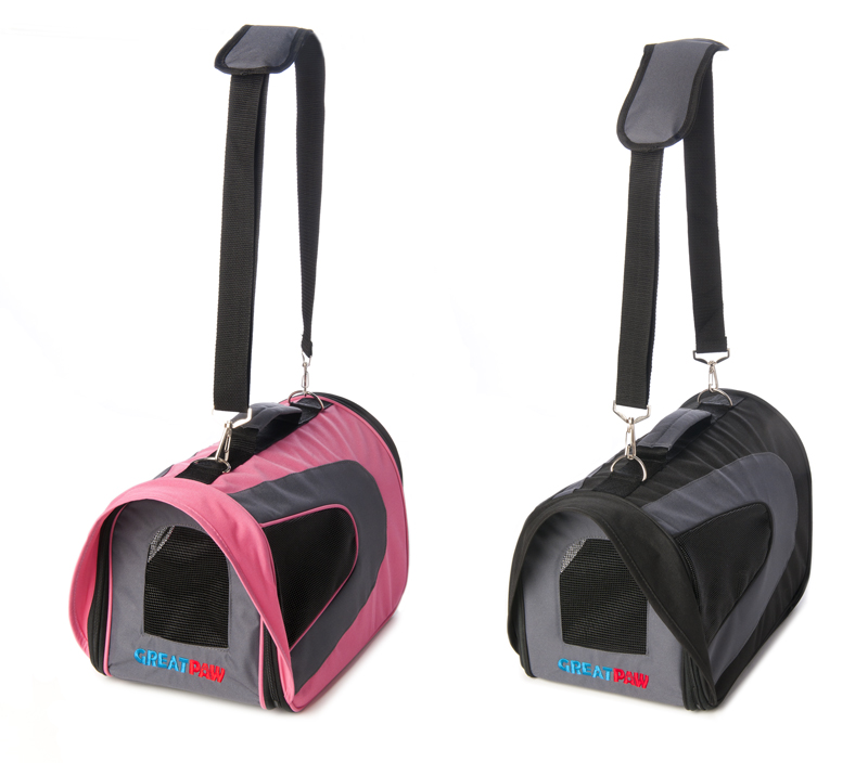 Pink and black soft dog crate carrier with shoulder pad