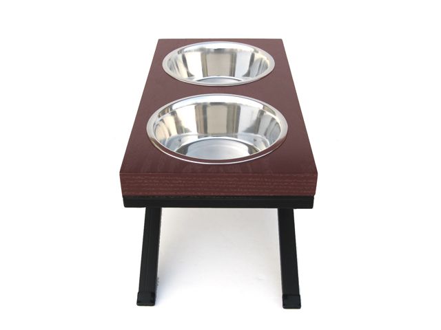 Wooden top dog double diner w/stainless steel bowls -side view